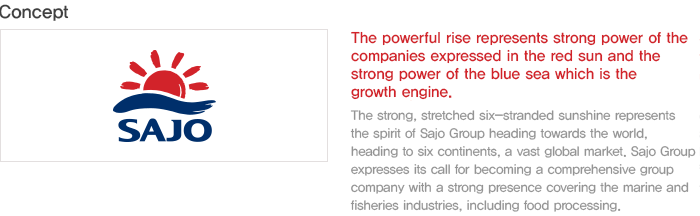 The CI expresses SAJO Group’s combined power symbolized by a red sun having a powerful presence over the blue sea, which has been our source of growth over the years.  The six powerful sunrays symbolize SAJO’s advancement into the six continents  eholding vast global markets. It expresses SAJO Group’s drive to march into the bigger world. The CI expresses SAJO Group’s mission to advance from a leader of the maritime and fisheries industries into a global leader involved in all fields of food processing and distribution.